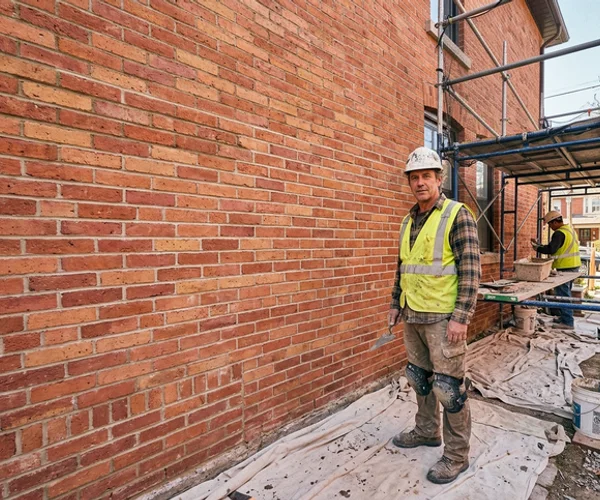 Marty Russo, master mason, beside restored Victorian red brick