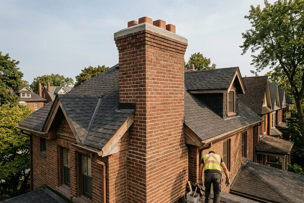After: Rebuilt plumb with matched brick and a new crown
