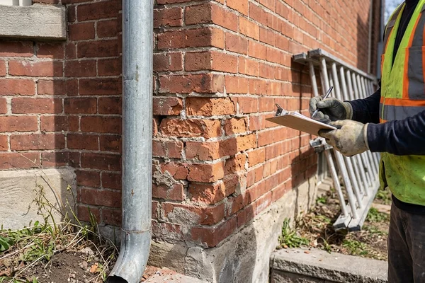 Before: Spalled bricks beside a leaking downspout