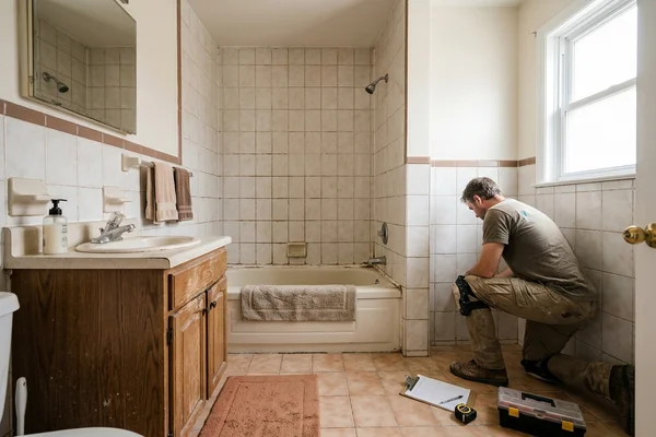 Before: Dated tile with stained grout