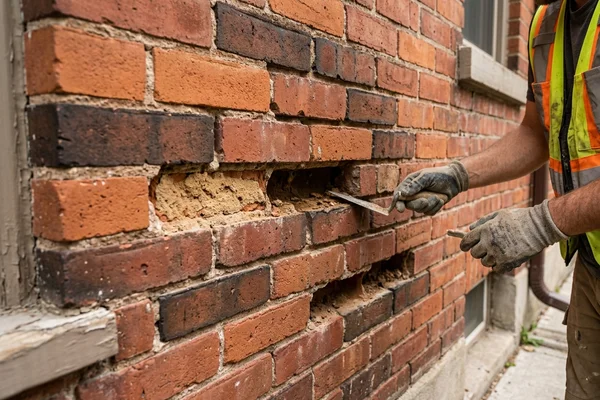 Before: Eroded recessed mortar joints on red Victorian brick