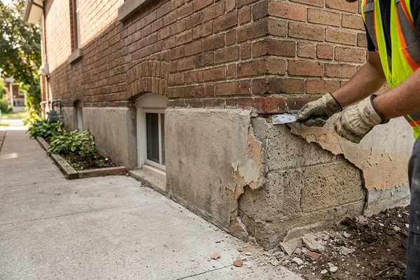 Before: Flaking foundation parging exposing block