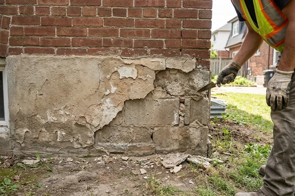 Before: Flaking parging exposing block at grade