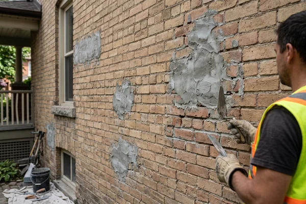 Before: Grey cement patches on buff heritage brick
