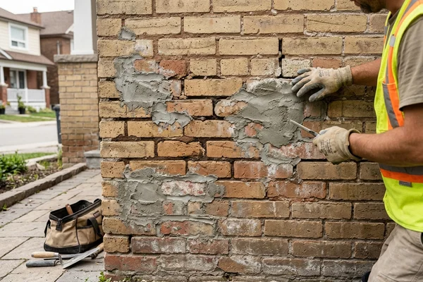 Before: Grey cement patches on buff heritage brick