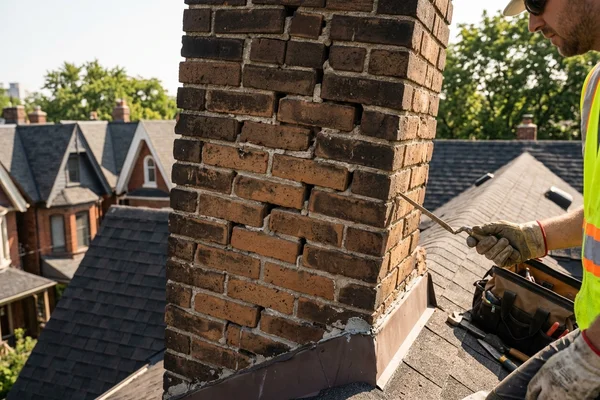 Before: Leaning brick chimney with open joints on a Victorian roof