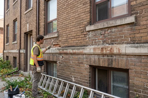 Before: Low-rise building with failed joints and a stained facade band