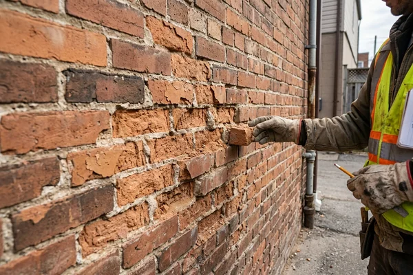 Before: Spalled brick faces on a party wall