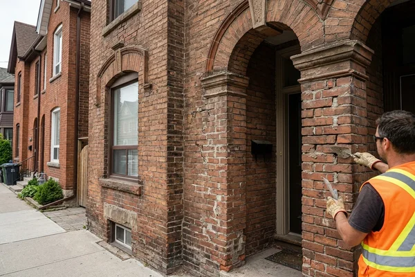 Before: Stained, cracked facade with failing arches