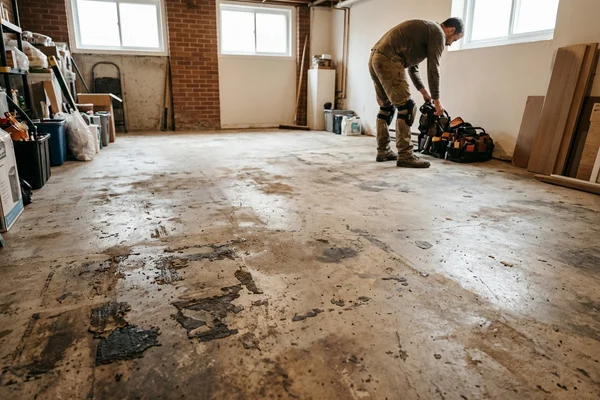 Before: Stained floor with adhesive residue