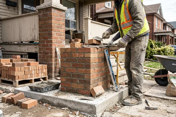 Brick porch column being rebuilt on a new footing