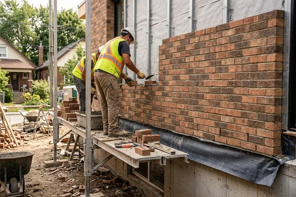 Brick veneer going up on a Toronto infill home with flashing visible