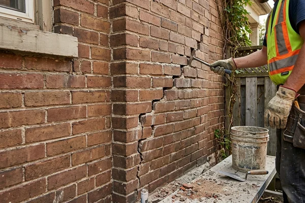 Brick veneer wall with a visible bulge and stair-step cracking