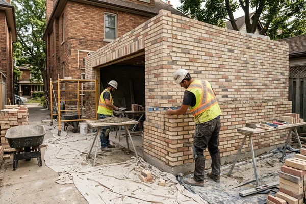 Bricklayer checking level on a new garage wall