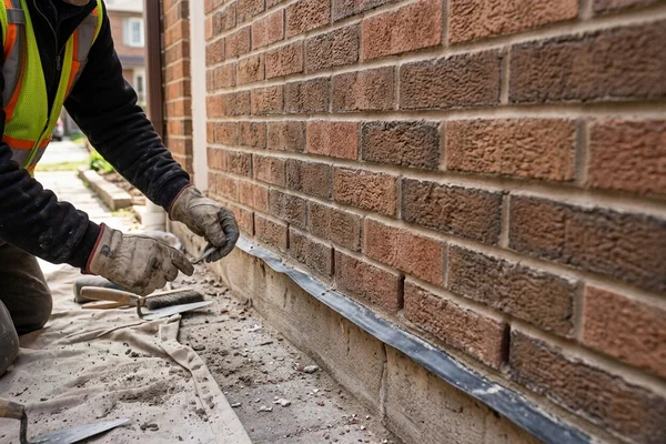 Weep holes and through-wall flashing at the base of rebuilt veneer
