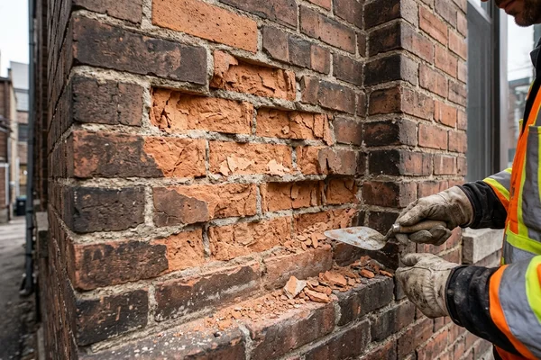 Close view of spalled brick faces on a Toronto party wall