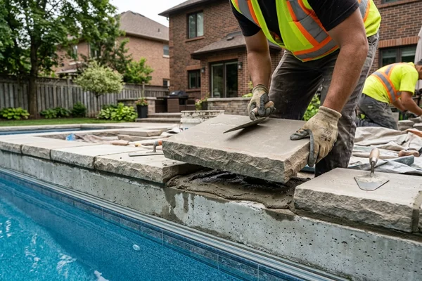 Coping stones set on the pool bond beam