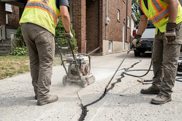 Crack routed and sealed in a concrete slab