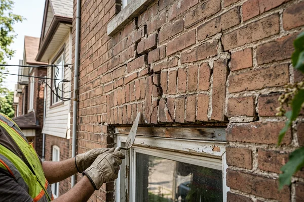 Cracked brick above a window lintel on a Toronto semi