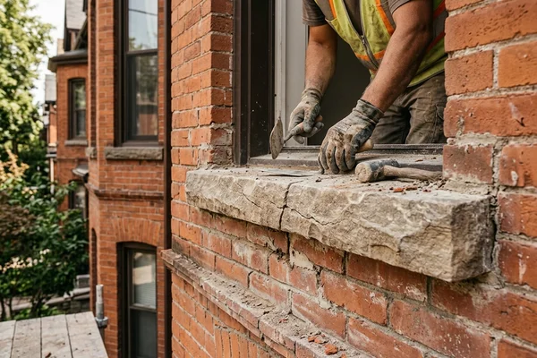 Stone window sill being reset on a heritage facade