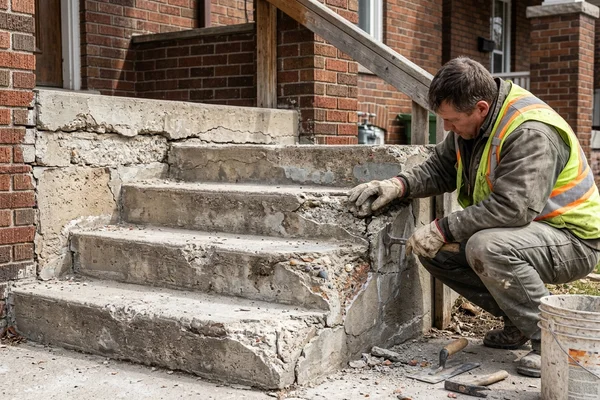 Crumbling concrete front steps with salt damage