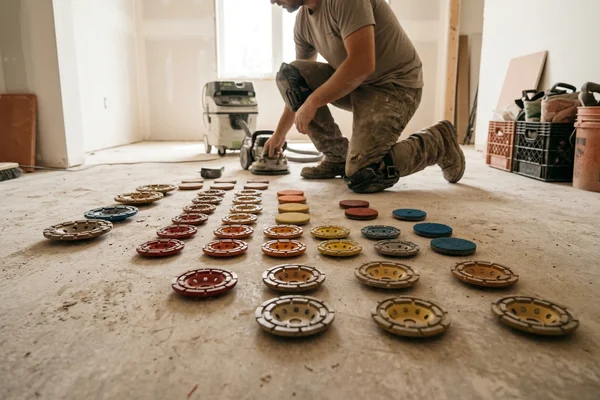 Diamond grinding tooling arranged by grit on a concrete floor