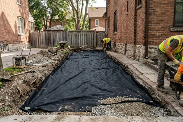 Excavated driveway with geotextile before base