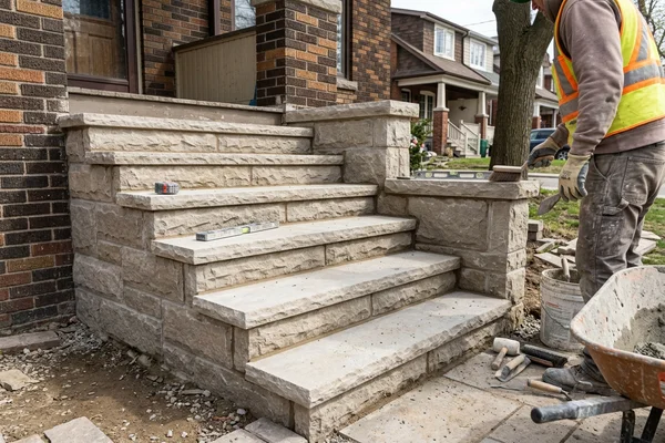 Finished limestone-capped front steps