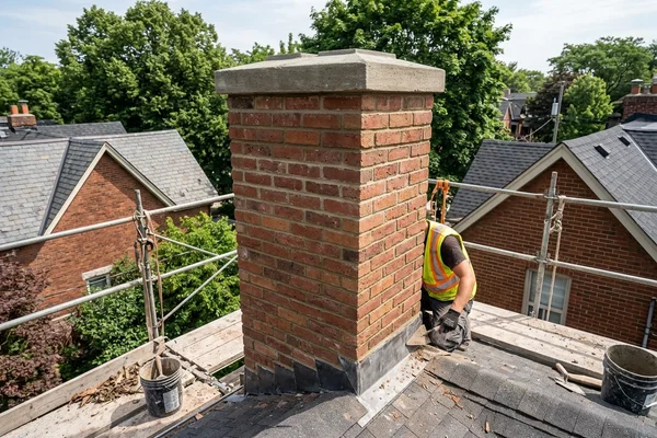 Finished rebuilt brick chimney with cap on an Edwardian Toronto home