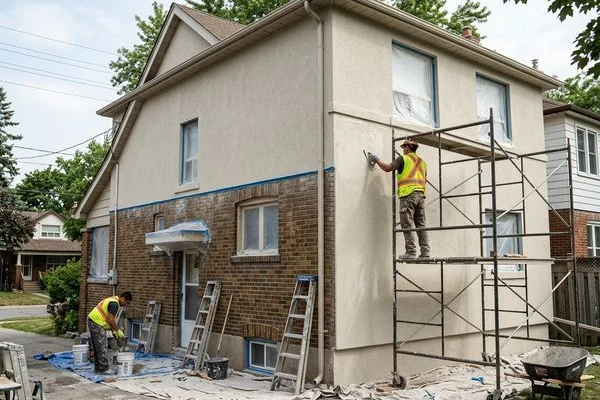 Freshly recoated stucco exterior on a postwar home