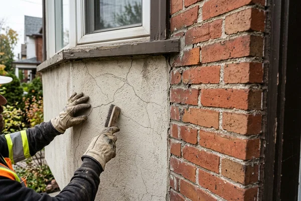Hairline stucco cracks below a window sill
