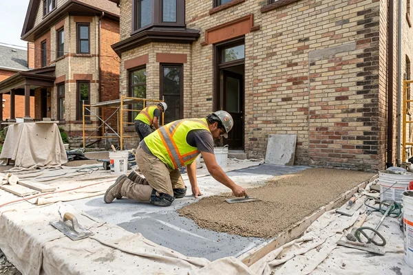 Installer troweling Jewelstone over a primed concrete patio