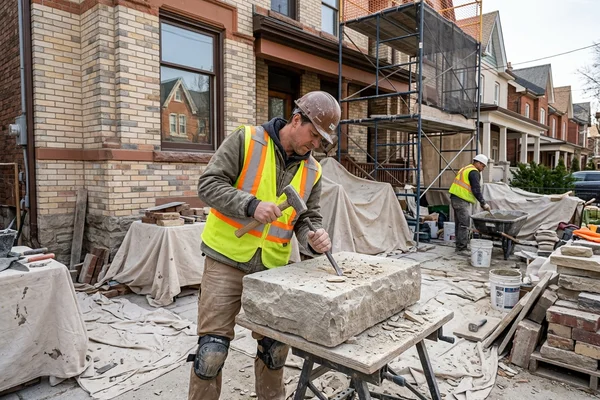 Mason hand-dressing a limestone block on site