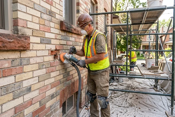 Mason cutting mortar around a damaged brick with dust extraction