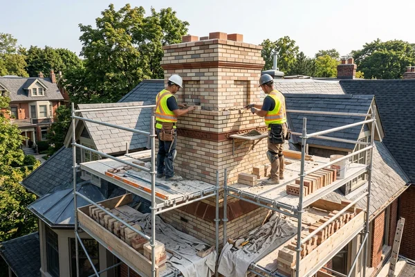 Masons laying matched heritage brick during a chimney rebuild