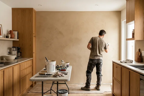 Microcement kitchen feature wall in a sand tone