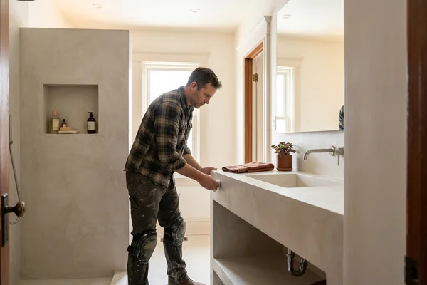 Microcement vanity and shower niche