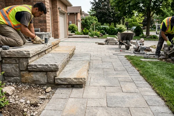 Natural stone entry steps at an interlock driveway
