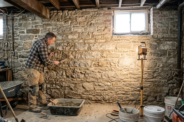 Old rubble stone basement wall being repointed