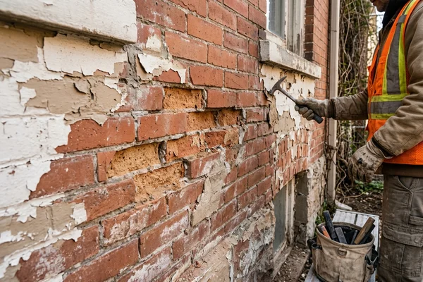 Peeling latex paint and spalled brick
