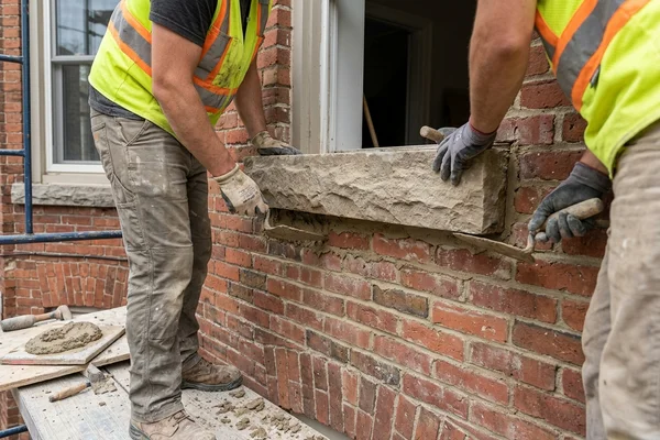 Queenston limestone window sill reset in a heritage brick wall