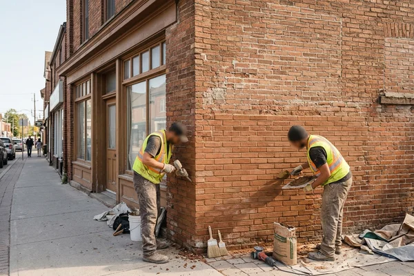 Repointed brick storefront facade on a village main street