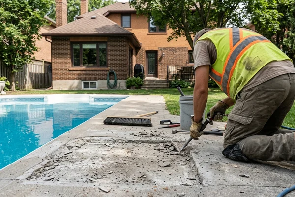 Spalled pool deck being prepared for repair