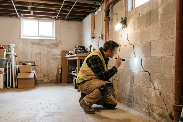 Stair-step crack in a block basement wall being assessed