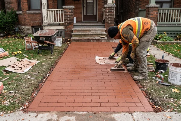 Stencilled brick-pattern overlay on a front walkway