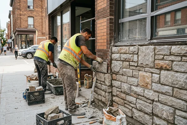 Stone veneer on a Toronto retail storefront entrance