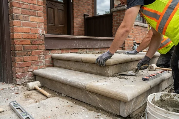 Thermal finish limestone treads with bullnose edges on new front steps