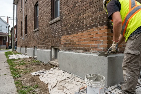 New parging band along a multi-unit building foundation