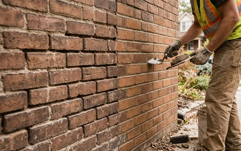Brick wall half raked out and half freshly repointed