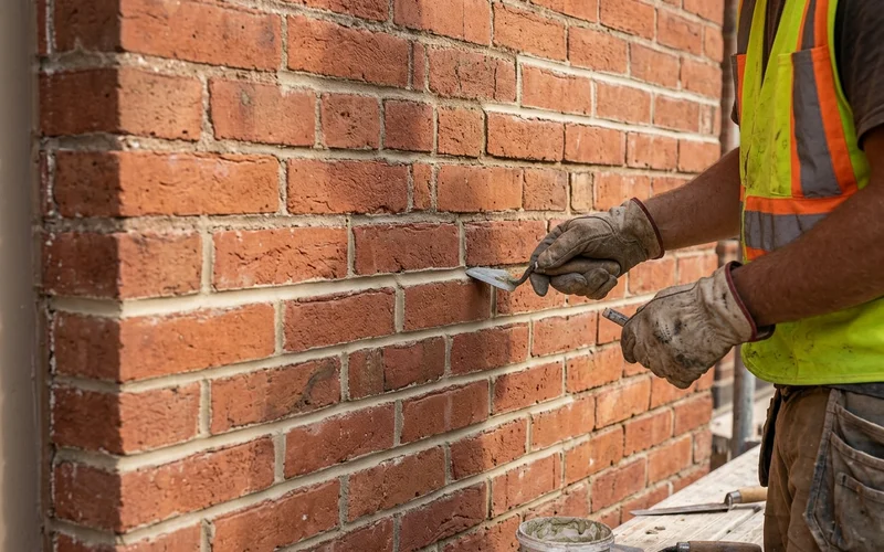 Close detail of ribbon-joint tuckpointing in lime putty on red heritage brick